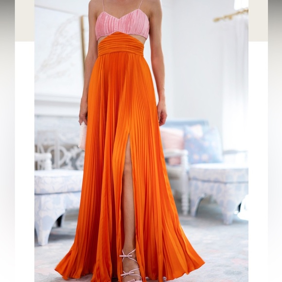 AMUR Elodie Satin Colorblock Pleated Gown - Picture 3 of 12